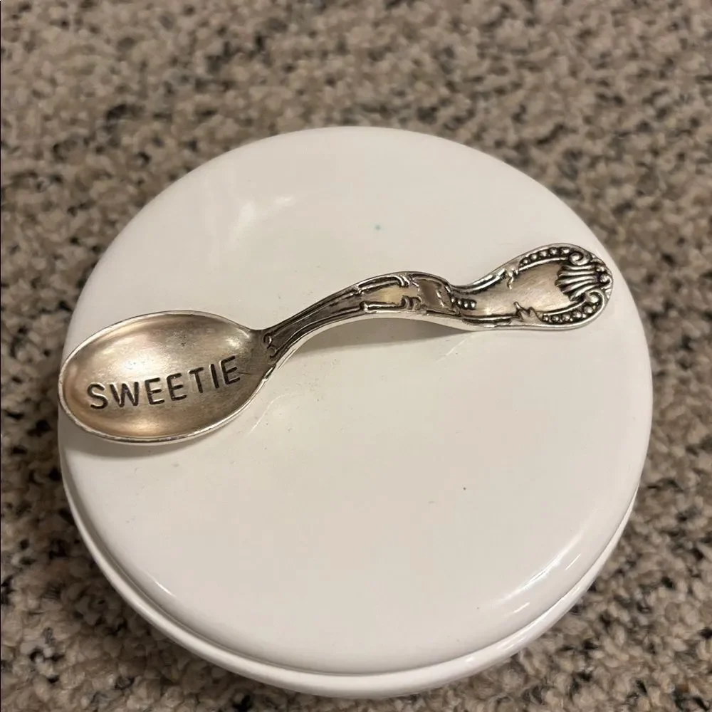 Mudpie White Sugar Bowl with Silver Spoon Handle on Lid